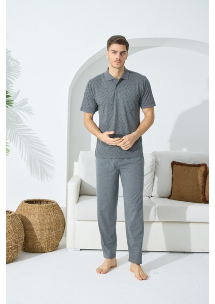 Polo Yaka Dügmeli Pijama Takim Pamuk Penye