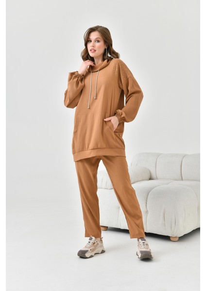 Kadın Kapişonlu Taş Detay Takım Kakao 30825 fiyatları