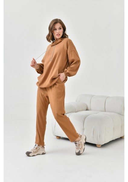 Kadın Kapişonlu Taş Detay Takım Kakao 30825 modelleri