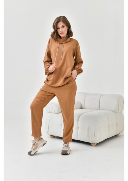 Kadın Kapişonlu Taş Detay Takım Kakao 30825 fırsatları