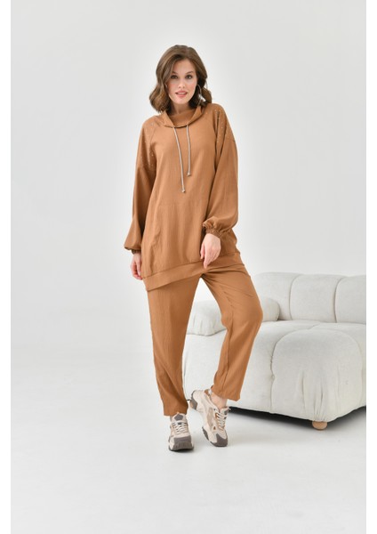 Kadın Kapişonlu Taş Detay Takım Kakao 30825 indirimleri