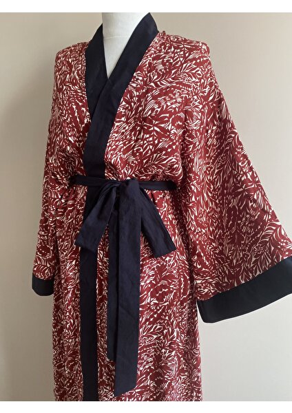 Kinua Studio Flora Çiçekli Siyah Kırmızı Uzun Kimono Elbise