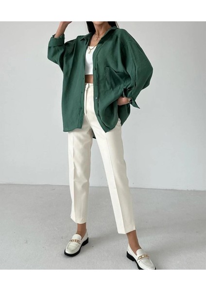 Kadın Düşük Omuzlu Owersize Gömlek Koyu Yeşil modelleri