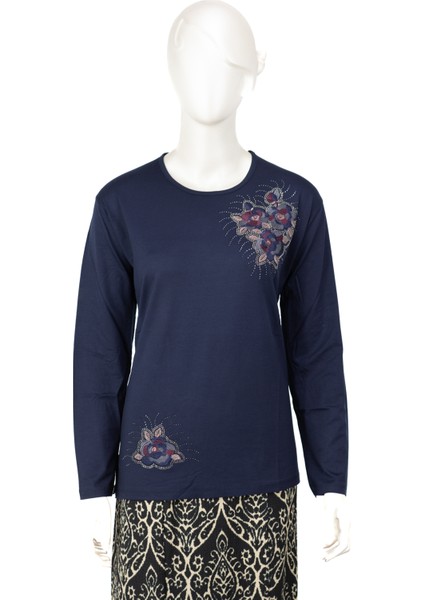 Kadın Turlu Viskon Penye Kumaş Anne Bluz Yakut Demet Taşlı ve Nakışlı Likralı Rahat Tamkalıp