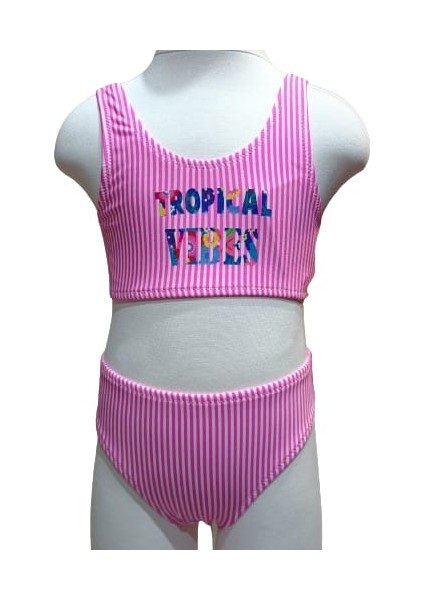 4-14 Yaş Kız Çocuk Bikini Çizgili Pembe 7-8 Yaş Pembe - Beyaz