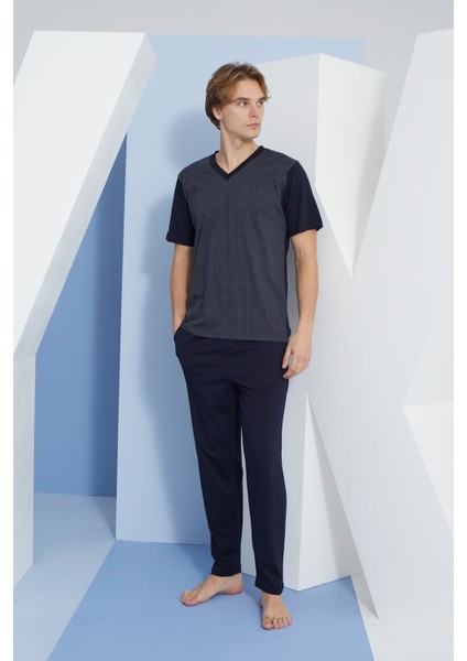 Erkek V Yaka Kısakol Pamuk Penye Pijama Takımı
