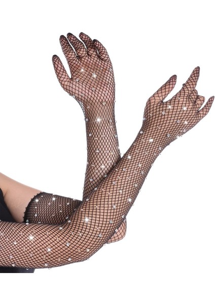 Siyah Uzun Şık Gelin Eldiveni Tül Eldiven Nikah/Düğün Eldiveni Taşlı Eldiven Parti Eldiveni