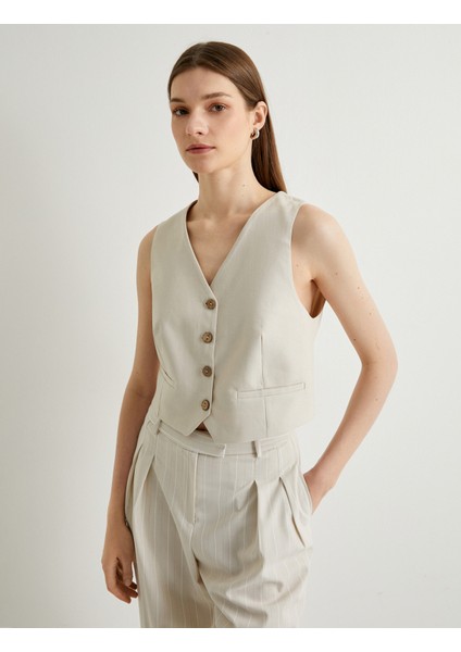 Keten Karışımlı Blazer Yelek V Yaka Düğmeli Fleto Cepli