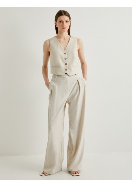 Keten Karışımlı Blazer Yelek V Yaka Düğmeli Fleto Cepli fiyatları