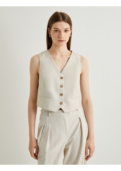 Keten Karışımlı Blazer Yelek V Yaka Düğmeli Fleto Cepli modelleri