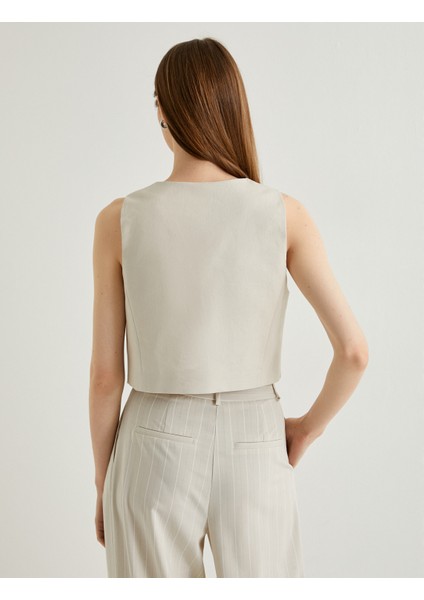 Keten Karışımlı Blazer Yelek V Yaka Düğmeli Fleto Cepli fırsatları