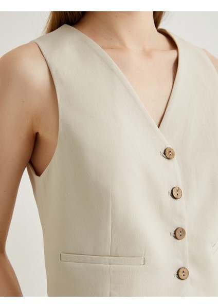 Keten Karışımlı Blazer Yelek V Yaka Düğmeli Fleto Cepli indirimleri