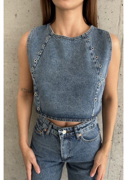 Kadın Kot Crop Bluz ve Pantolon Takım
