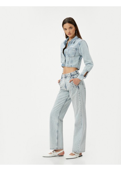 Yüksel Bel Düz Paça Taşlı Kot Pantolon Cepli - Eve Straight Jeans