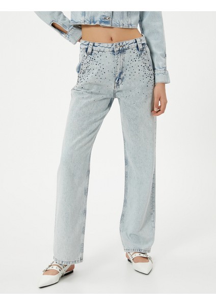 Yüksel Bel Düz Paça Taşlı Kot Pantolon Cepli - Eve Straight Jeans modelleri