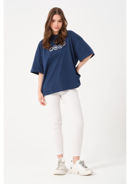 Unisex Lacivert Bisiklet Yaka Baskılı Oversize T-Shirt