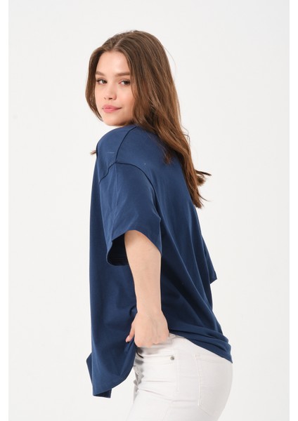 Unisex Lacivert Bisiklet Yaka Baskılı Oversize T-Shirt modelleri