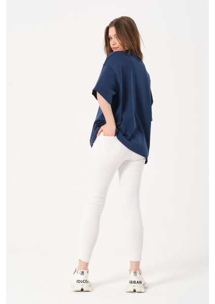 Unisex Lacivert Bisiklet Yaka Baskılı Oversize T-Shirt indirimleri