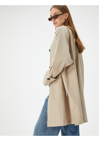Kruvaze Oversize Trençkot Düğmeli Cep Detaylı