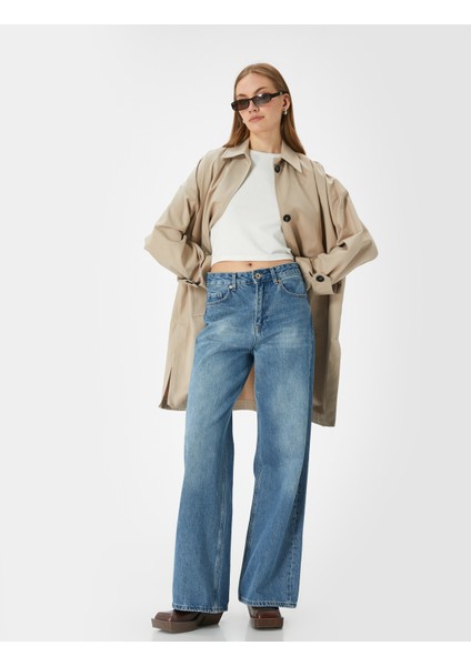 Kruvaze Oversize Trençkot Düğmeli Cep Detaylı