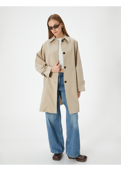 Kruvaze Oversize Trençkot Düğmeli Cep Detaylı
