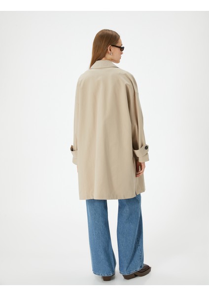 Kruvaze Oversize Trençkot Düğmeli Cep Detaylı