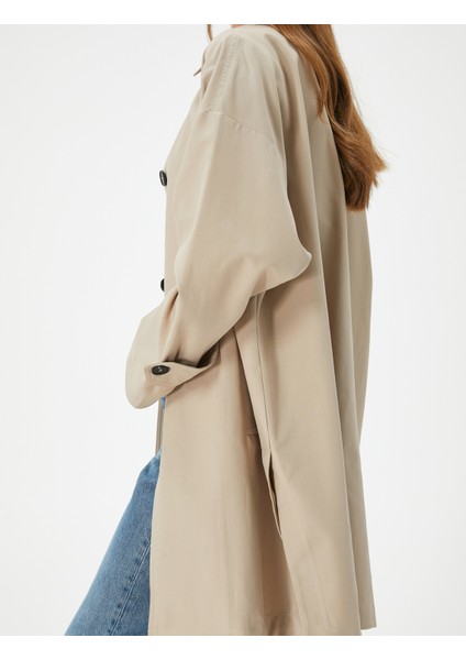 Kruvaze Oversize Trençkot Düğmeli Cep Detaylı