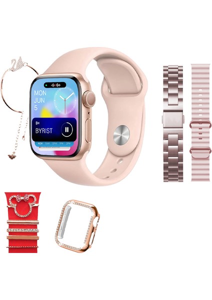 G9 Mini Plus Rose Gold 41 mm 3 Kordon Mickey Charm Bileklik Hediyeli Akıllı Saat