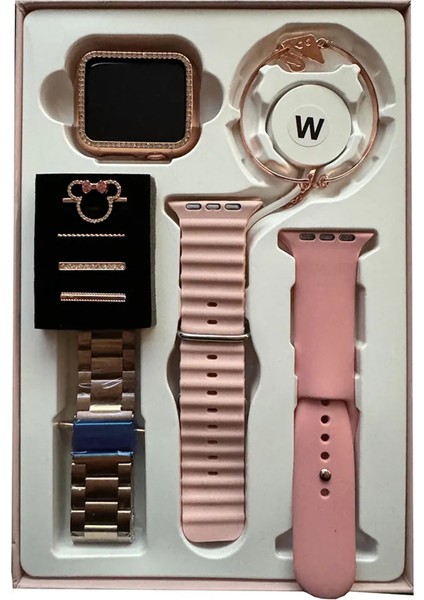 G9 Mini Plus Rose Gold 41 mm 3 Kordon Mickey Charm Bileklik Hediyeli Akıllı Saat