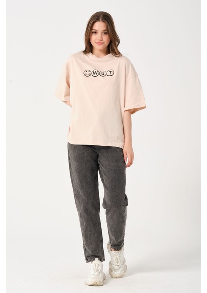 Unisex Bej Bisiklet Yaka Baskılı Oversize T-Shirt