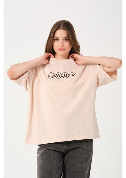 Unisex Bej Bisiklet Yaka Baskılı Oversize T-Shirt fiyatları