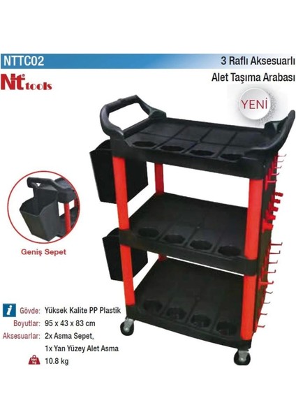 3 Raflı Alet Taşıma Arabası Aksesuarlı Yüksek Kalite Pp Plastik NTTC02 95X43X83 Cm. fiyatları