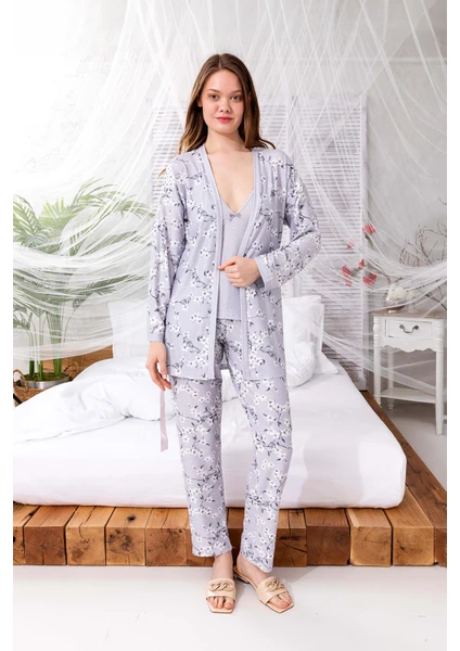 Kutulu Çeyizlik Zen Pijama Seti - Exclusive 3 Parça Ipeksi Sabahlıklı Kadın Pijama Takımı