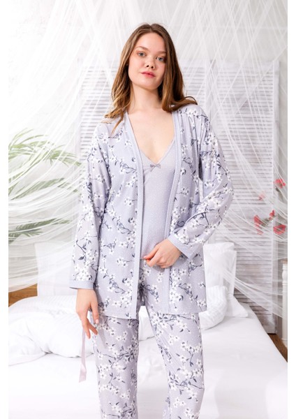 Kutulu Çeyizlik Zen Pijama Seti - Exclusive 3 Parça Ipeksi Sabahlıklı Kadın Pijama Takımı