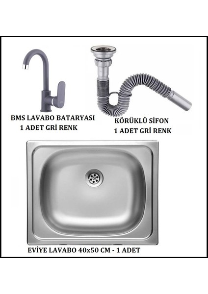 Paslanmaz Krom Eviye 40X50 cm + Sifon + Lavabo Bataryası