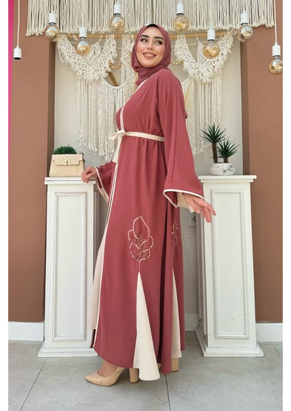 Nakış Işleme Detaylı Bel Kuşaklı Abaya 7901 Gül Kurusu modelleri