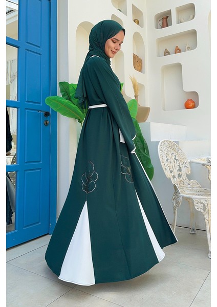 Nakış Işleme Detaylı Bel Kuşaklı Abaya 7901 Zümrüt modelleri