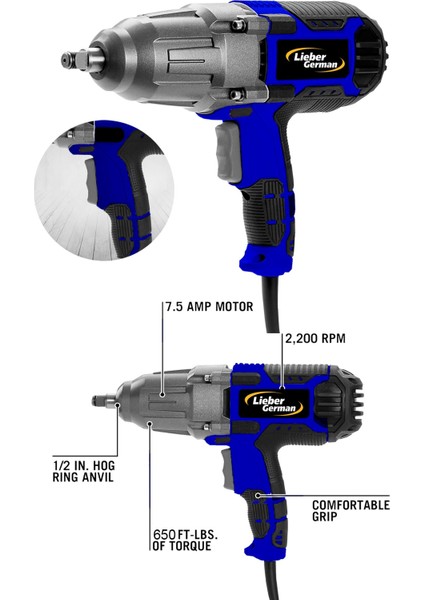 Lieber German Iw-3k6 Çift Çekiçli 1000 Watt Elektrikli 750NM 1/2 Somun Sıkma Sökme Makinesi