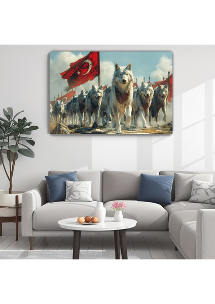 Şanlı Zafer Kanvas Duvar Tablosu - Ev Salon Koridor Oturma Odası Ofis Dekorasyonu -Türkiye -Bayrak -Kurt
