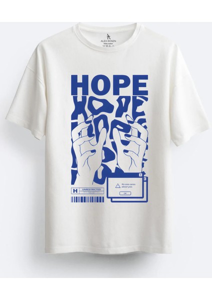 Oversize Bisiklet Yaka Hope Baskılı Kısa Kollu Beyaz T-Shirt