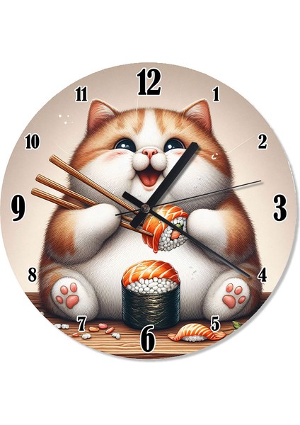Sushi ve Sarı Tombul Kedi Desenli Duvar Saati