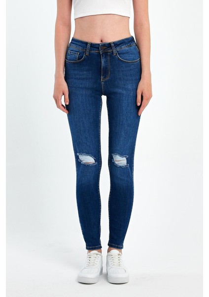 Kadın Mavi Likralı Skinny Dizi Yırtık Kot Pantolon