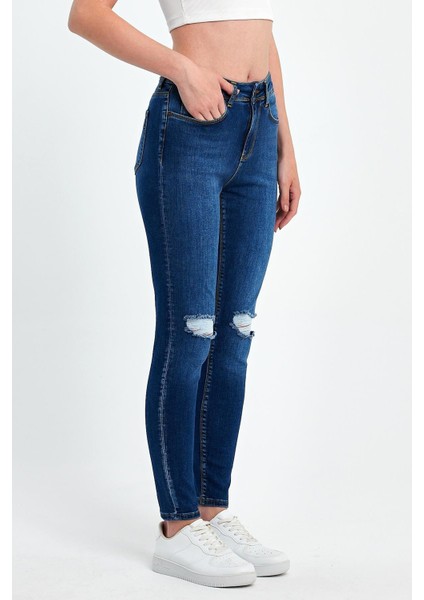 Kadın Mavi Likralı Skinny Dizi Yırtık Kot Pantolon fiyatları