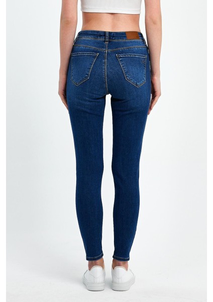 Kadın Mavi Likralı Skinny Dizi Yırtık Kot Pantolon indirimleri