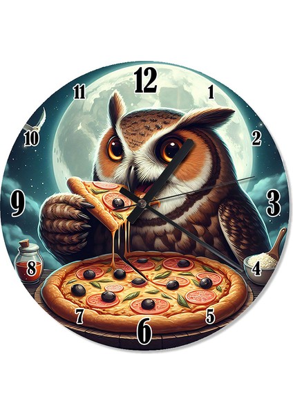 Pizza ve Baykuş Desenli Duvar Saati