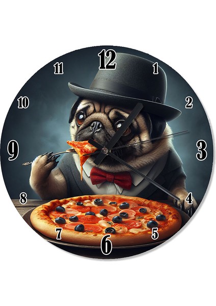 Pizza Yiyen Şapkalı Köpek Dekoratif Duvar Saati
