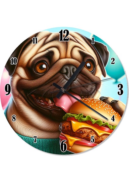 Sevimli Pug ve Hamburger Keyfi Sessiz Duvar Saati