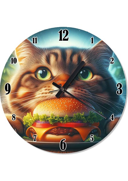Hamburger Yiyen Kedi Şekilli Duvar Saati