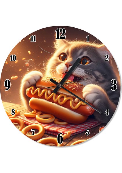 Hot Dog Sosisli Yiyen Kedi Dekoratif Duvar Saati