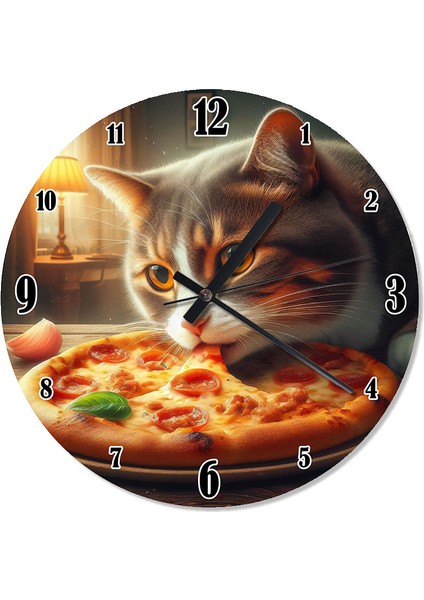 Pizza ve Sevimli Kedi Tasarım Duvar Saati